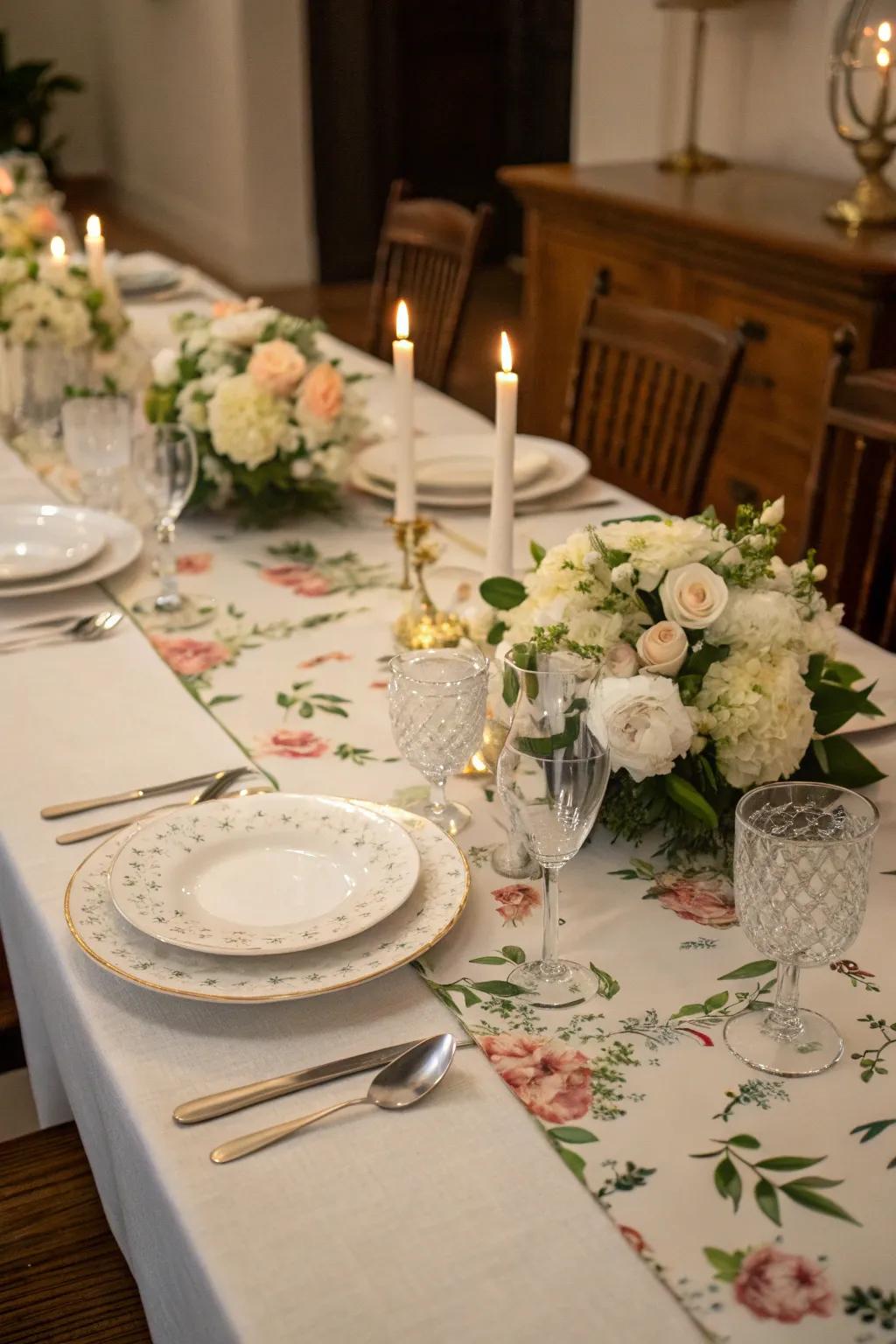 A pale floral desk runner creating a welcoming dining table setup.