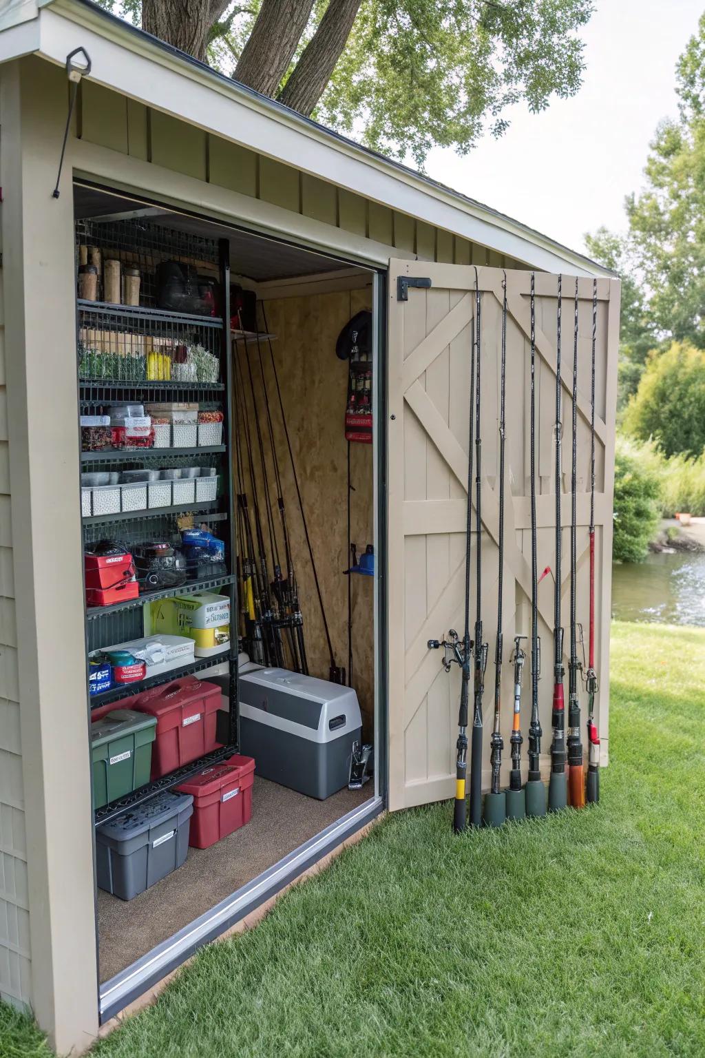 Outdoor shed made into a fishing gear sanctuary.
