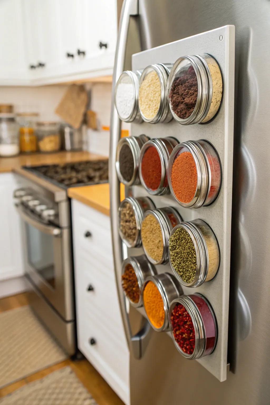 Magnetic spice jars give simple use and save space.