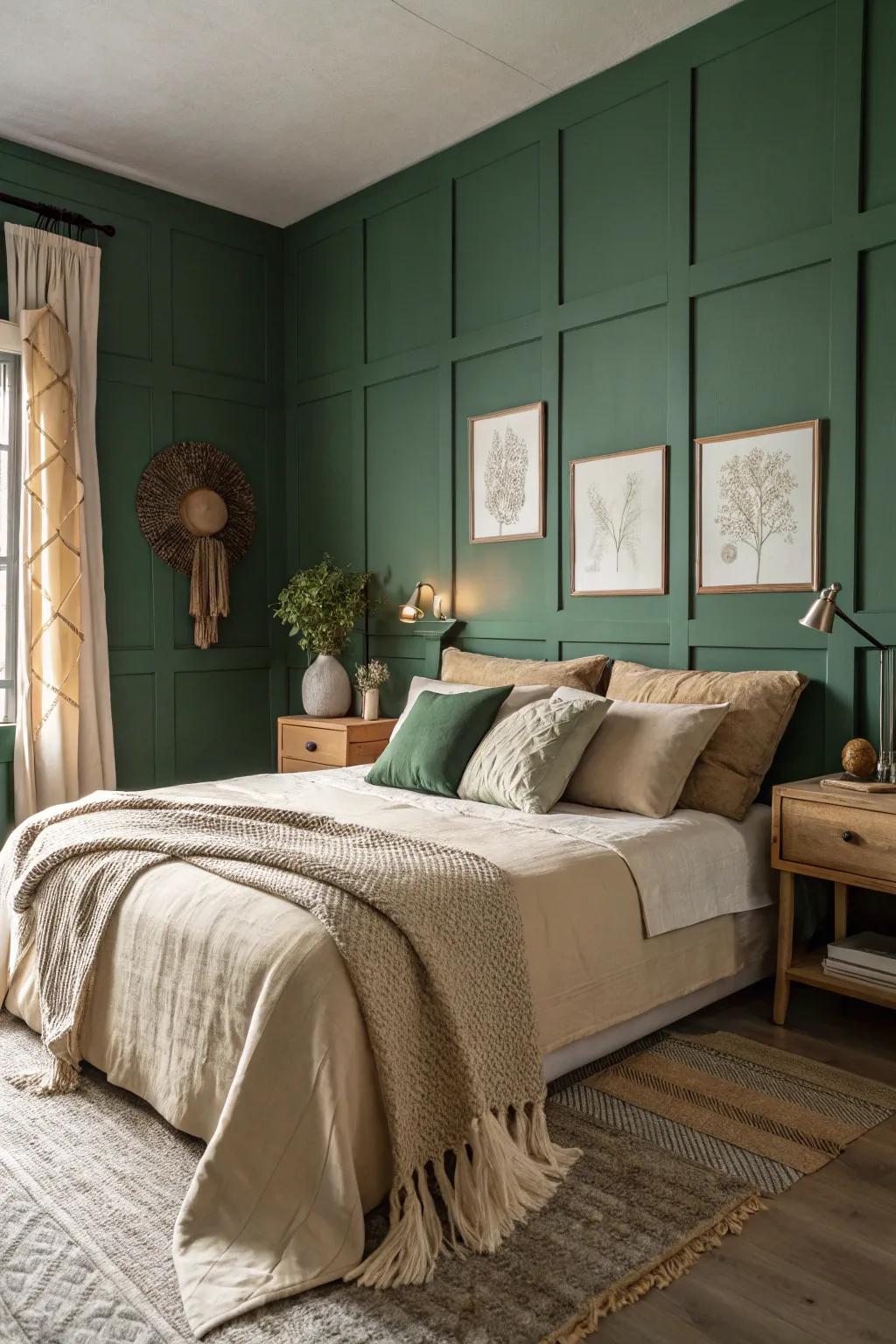Forest green and beige create a balanced and cozy environment.