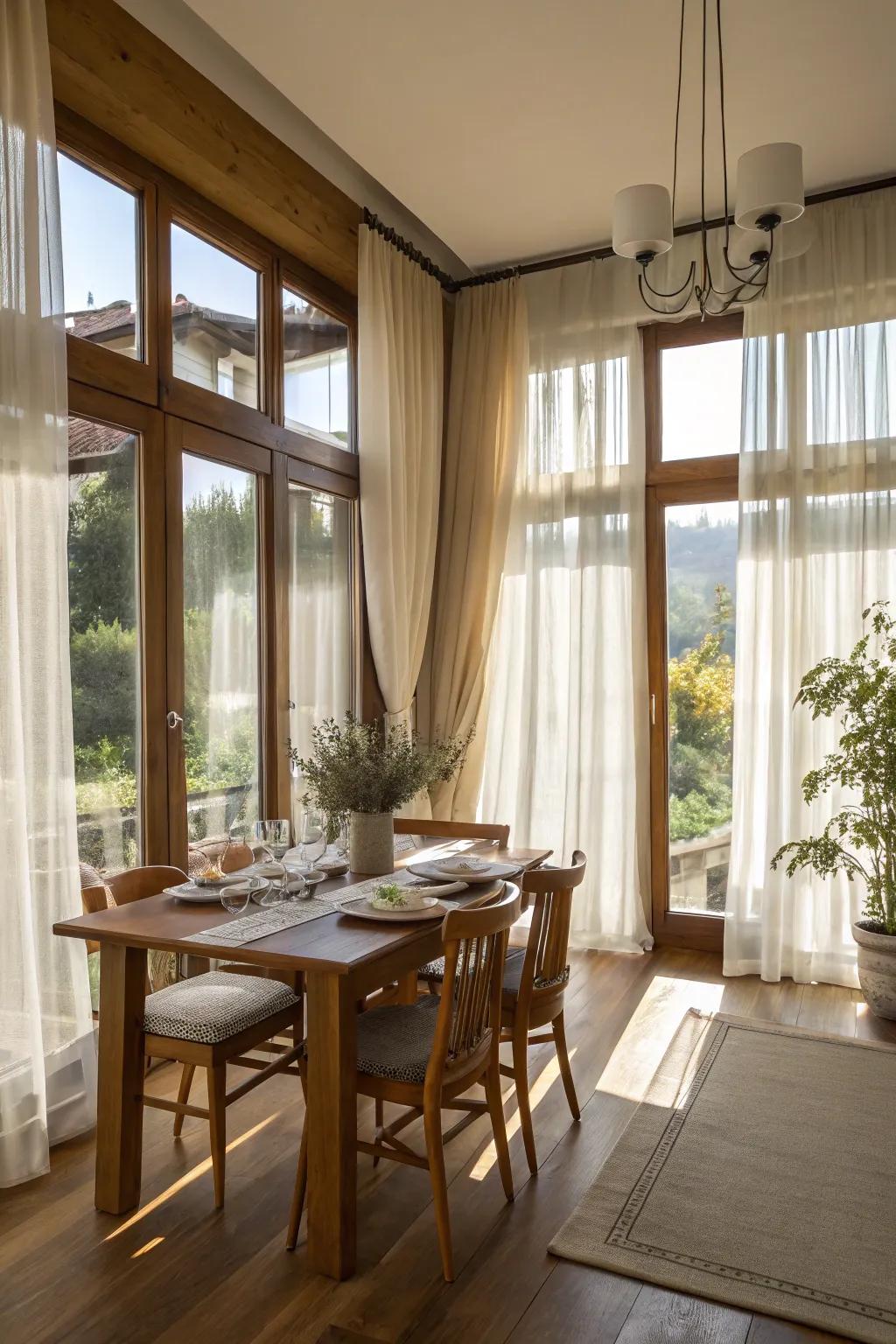 Sheer drapes balance privacy and light in this dining room.