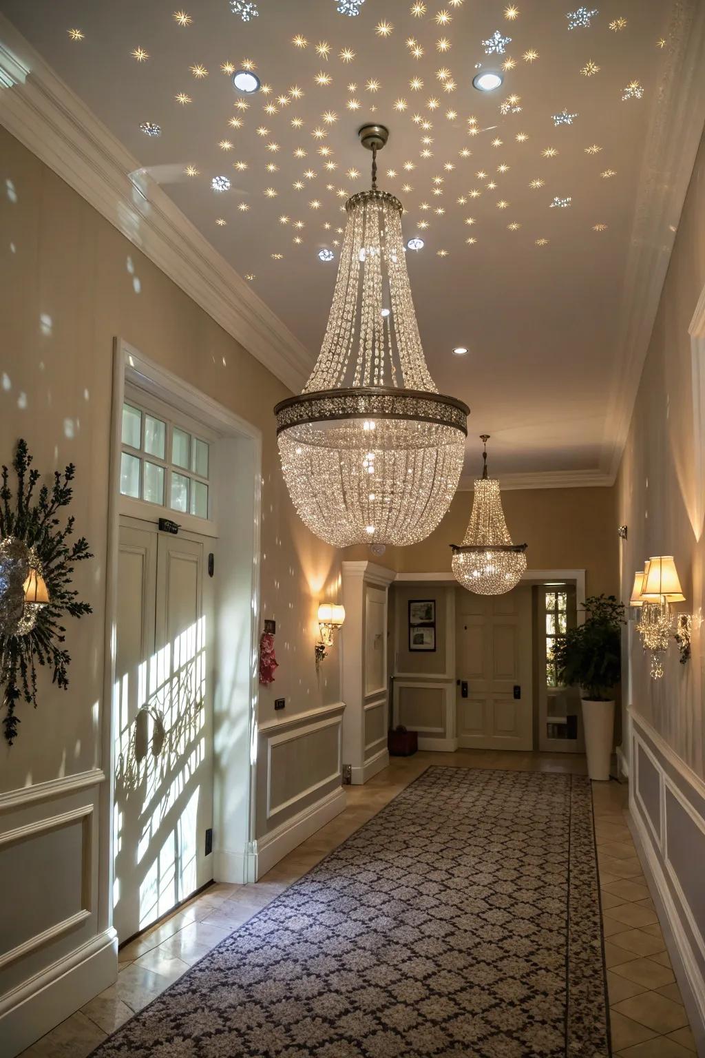 A beaded chandelier injects shimmer and caprice into this inviting foyer.