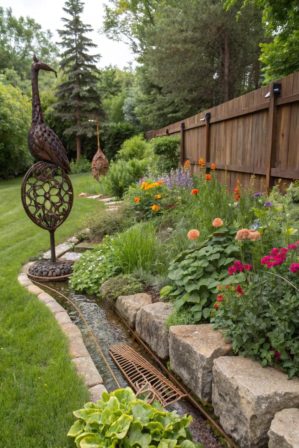 Artistic sculptures adding interest while subtly hiding a French drain.