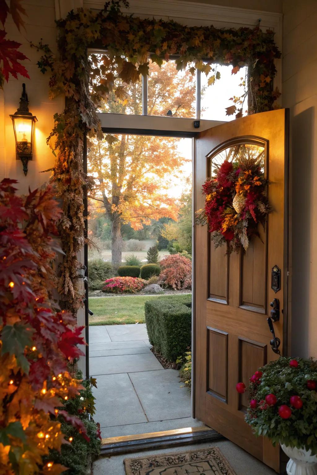 Seasonal décor includes an organic and timely detail to your wedding's doorway.