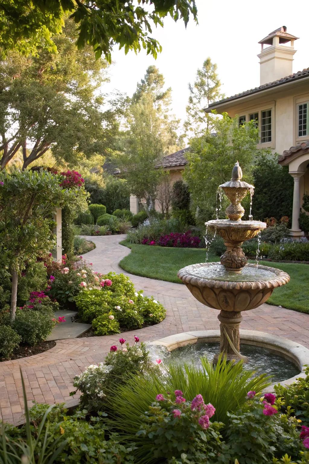 A water feature adds tranquility to your home’s entrance.