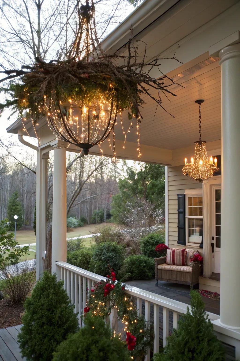 A holiday chandelier contributes an elegant element to your veranda.