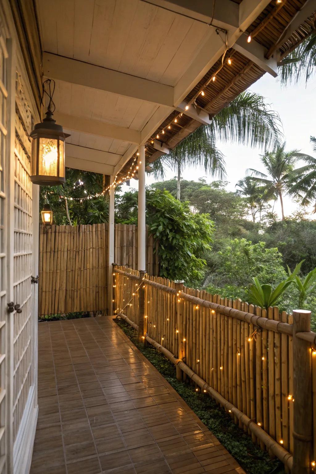 Bamboo paneling with fairy lights introduces solitude and a tropical ambiance.