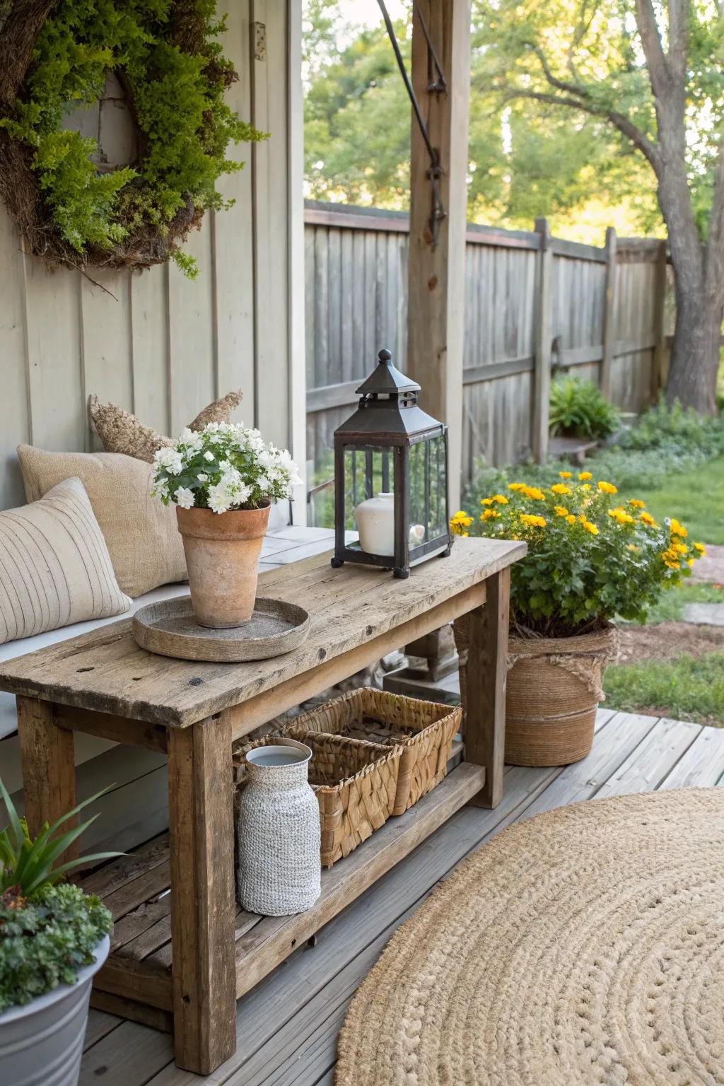 A reclaimed wood table brings history and beauty to your veranda.