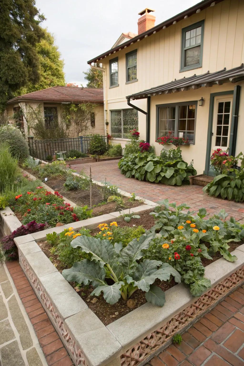 A vegetable patch adds functionality and charm to the courtyard.