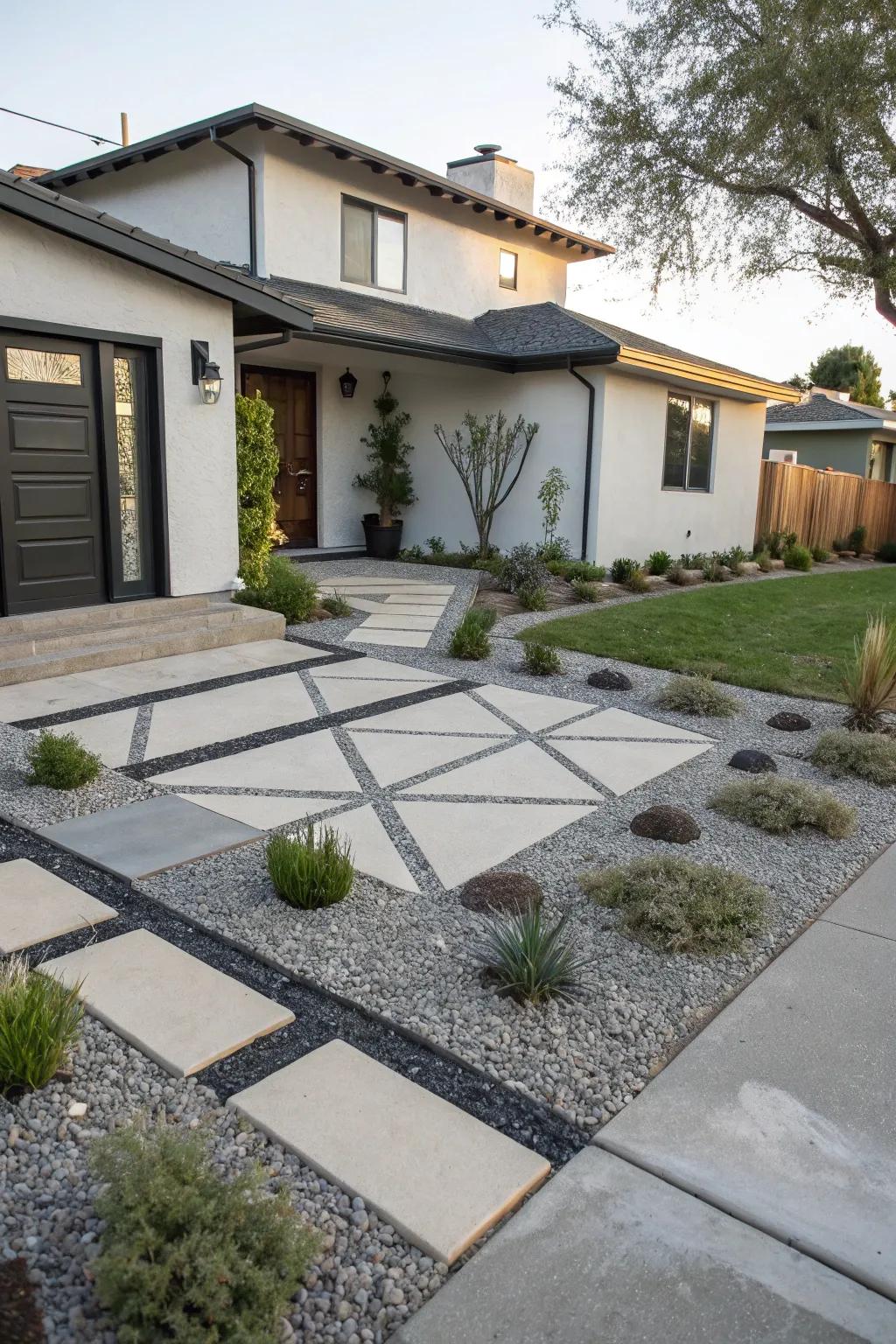 Geometric gravel compositions introduce a contemporary aesthetic.