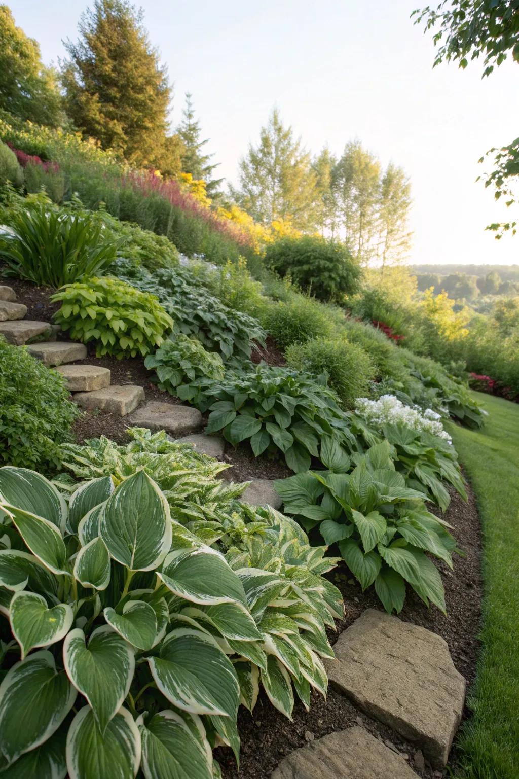Hostas transform sloped spaces into vibrant scenery.