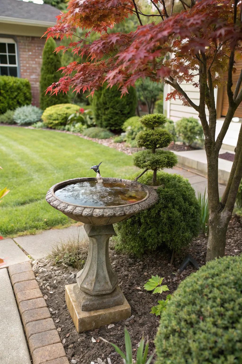 A bird bath encourages wildlife to take pleasure in the serene atmosphere surrounding the Japanese maple.