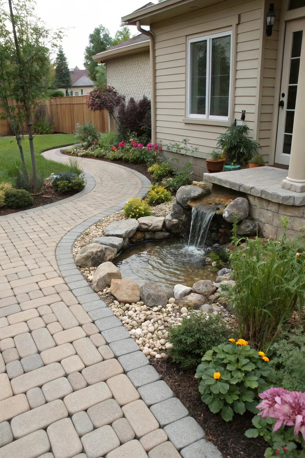 A water feature with stone blocks creates a peaceful vibe.