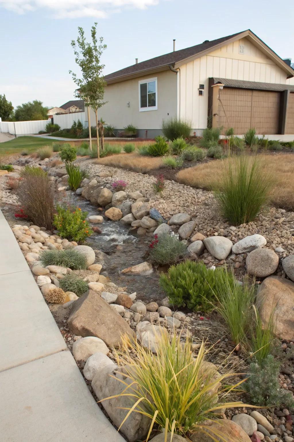 A swale and rain garden handling water effectively and beautifully.