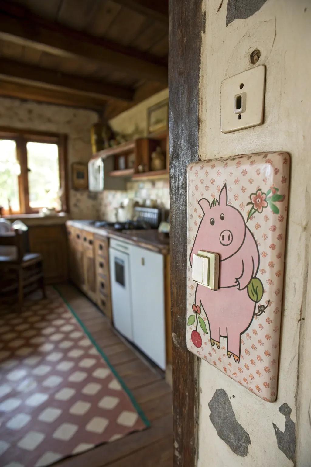 This cheerful pig cover adds barnyard charm.