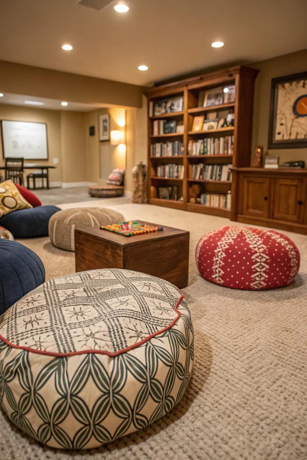 Trendy ground cushions offer seating for fun gaming.
