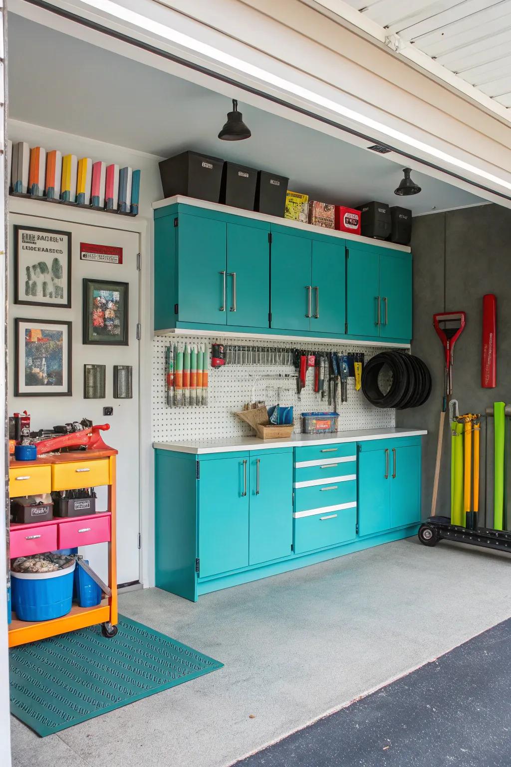 Seafoam cabinets add a creative and playful touch.