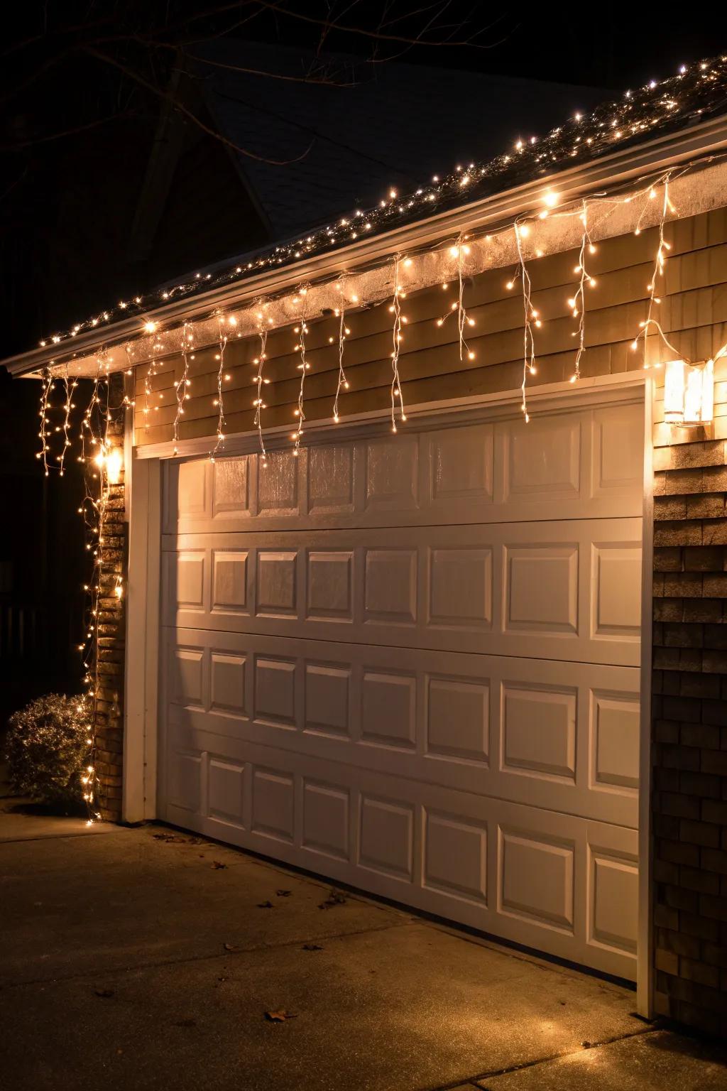 Garage door embellished with shimmering droplet lights.