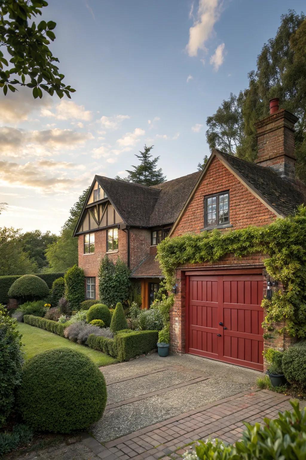 Traditional brick crimson garage entrances add warmth and timeless charm.