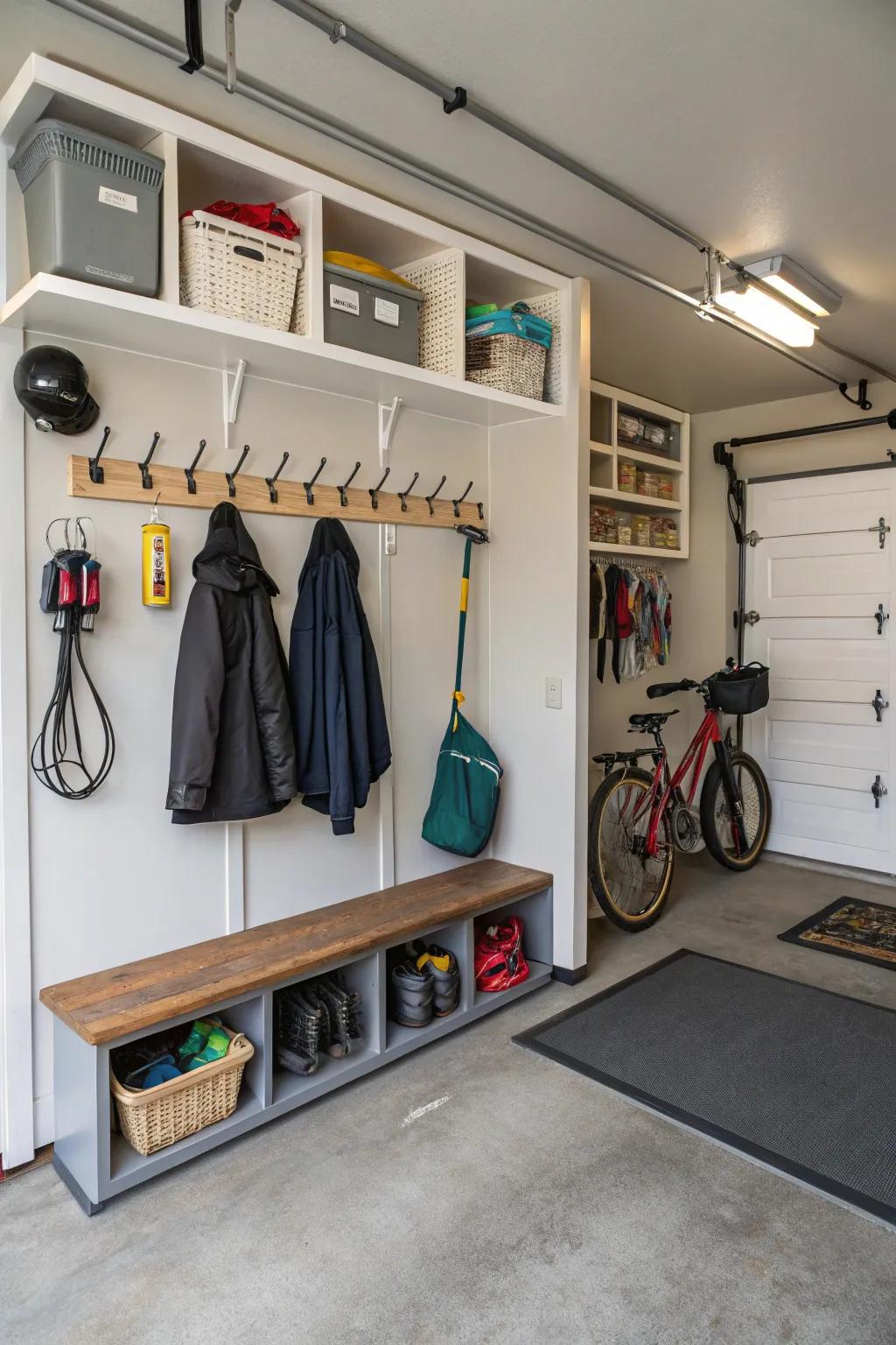 A mini mudroom offers practical storage and organization.