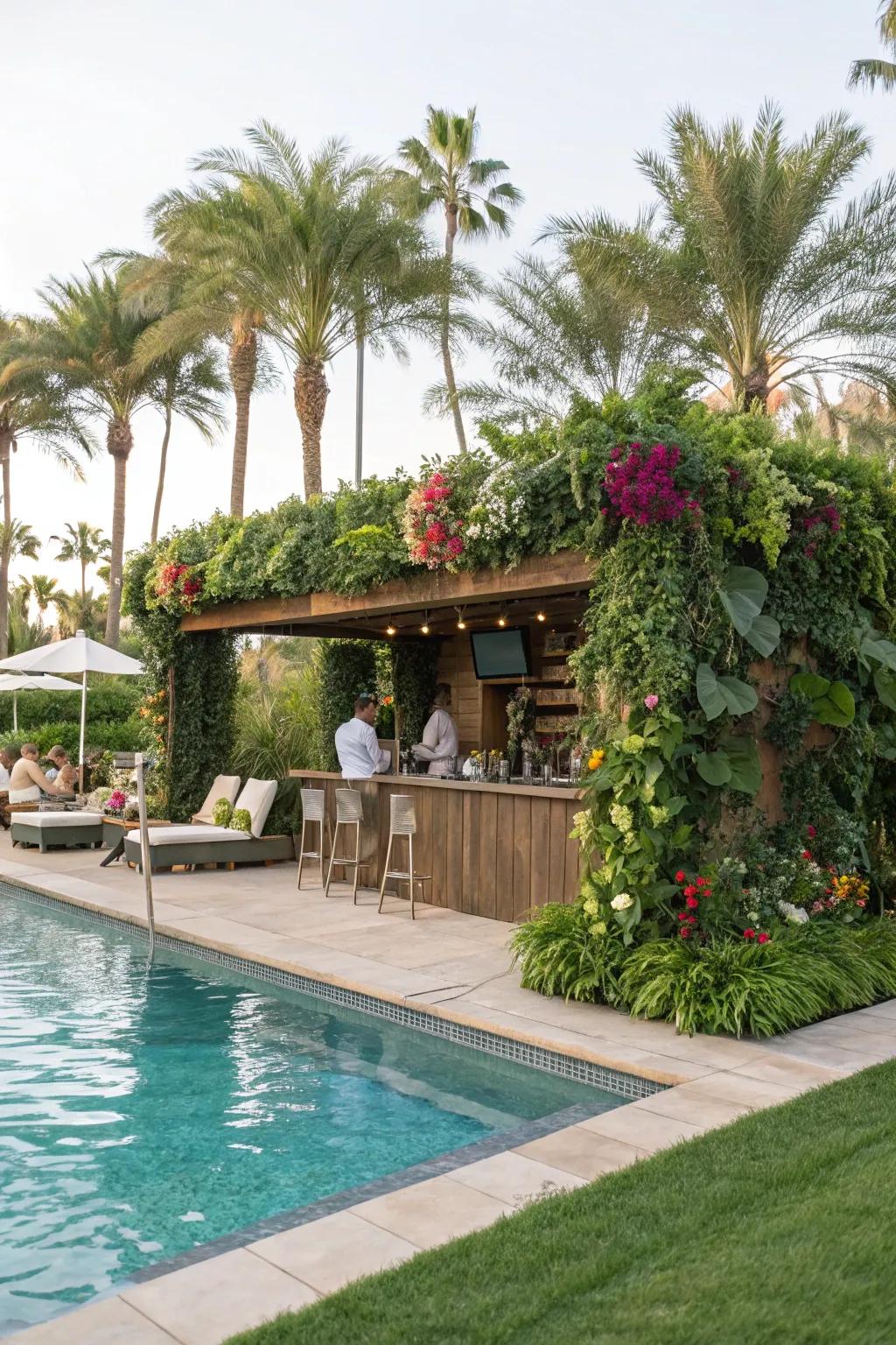 A lavish poolside garden bar.