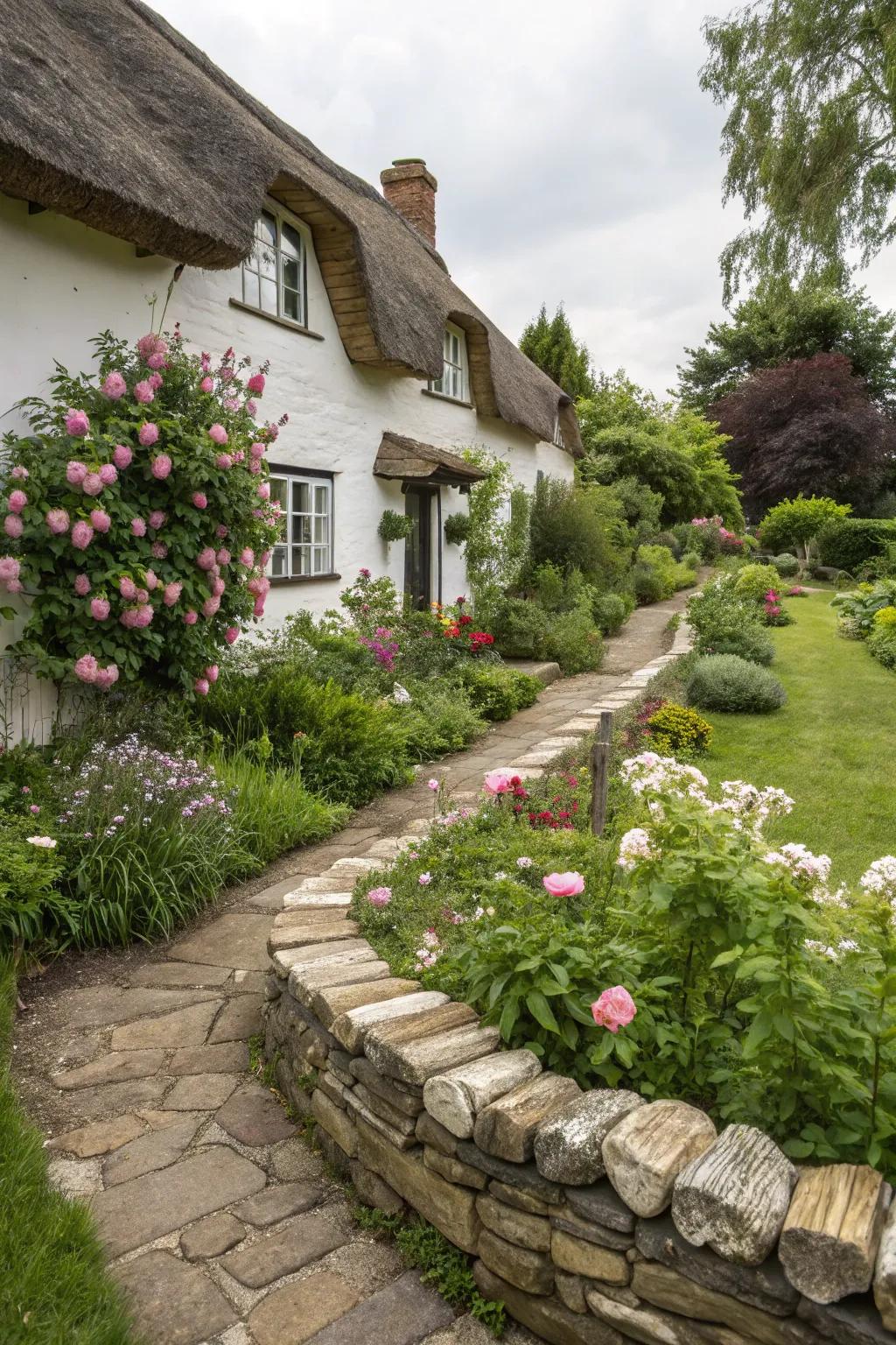 Layered rock edging evokes a cottage-style charm to any garden.