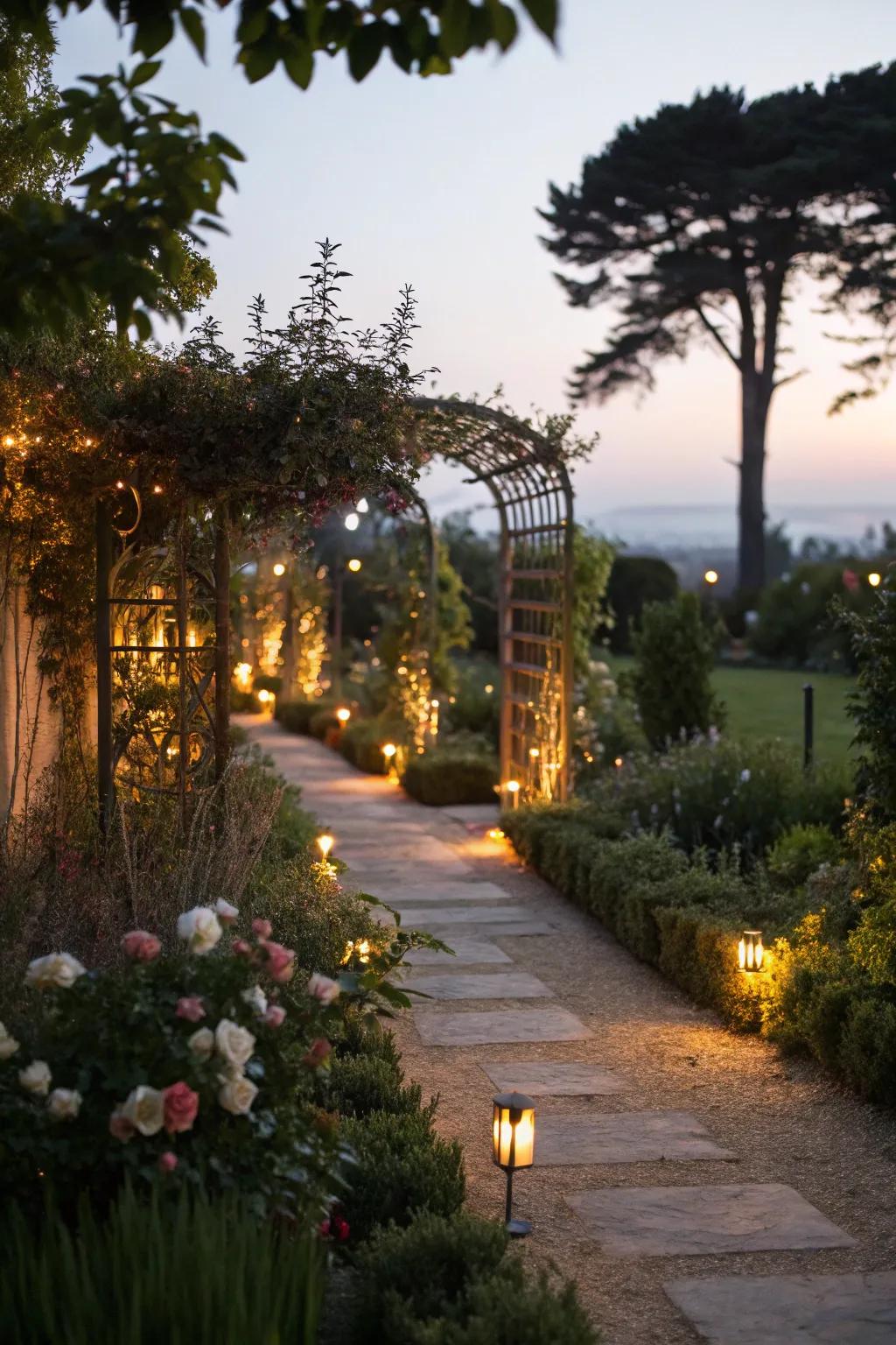 A garden illuminated by subtle lighting, that highlights routes and plants.