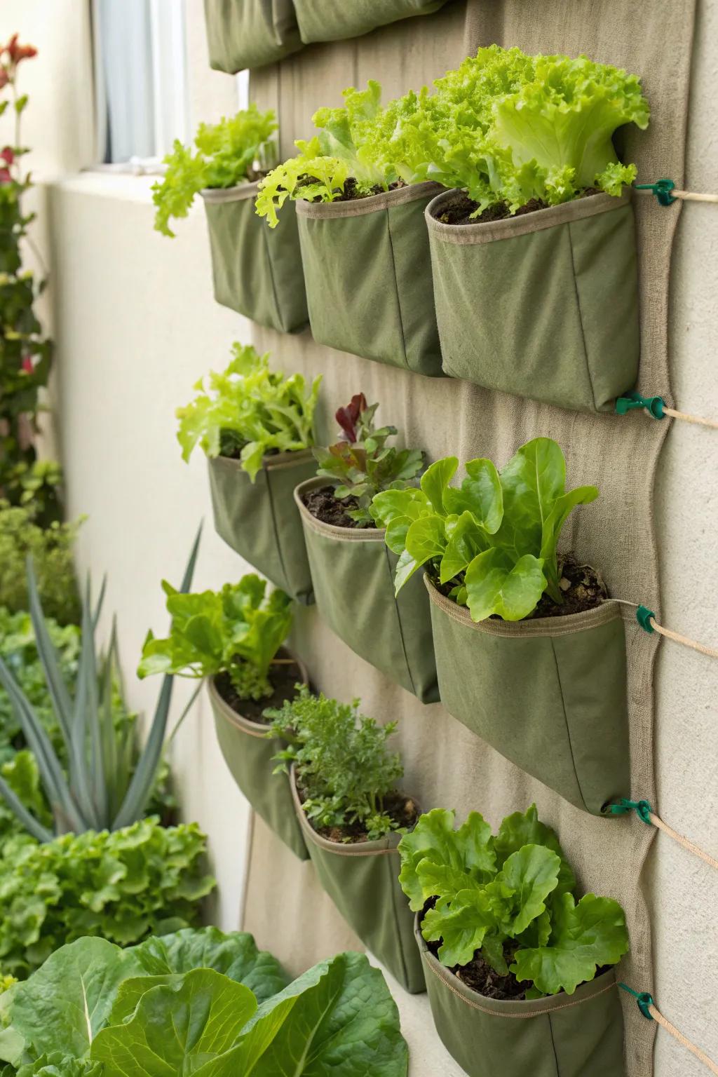 A casing garden presenting fresh lettuce in fabric casings.