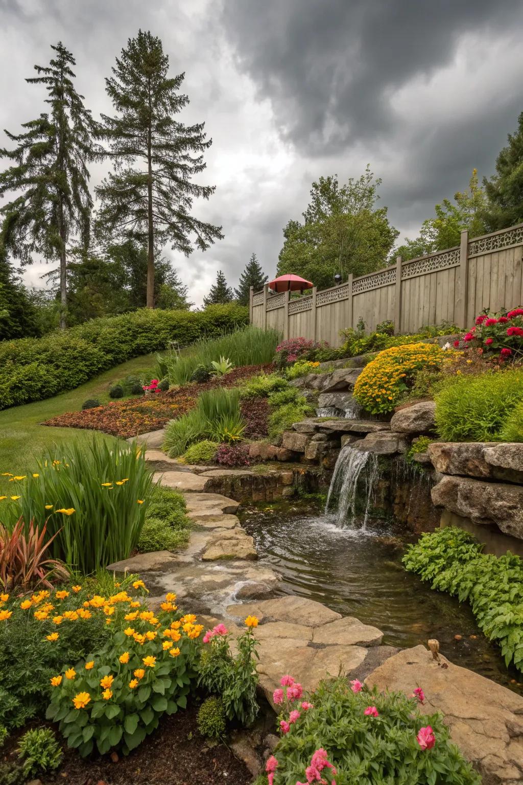 A mini waterfall adds soothing sounds and visual interest to a sloped garden.