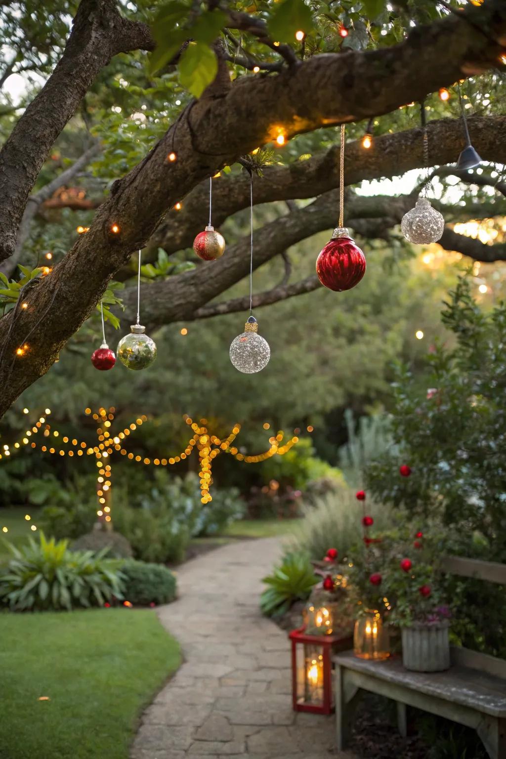 A garden tree festooned with seasonal ornaments.