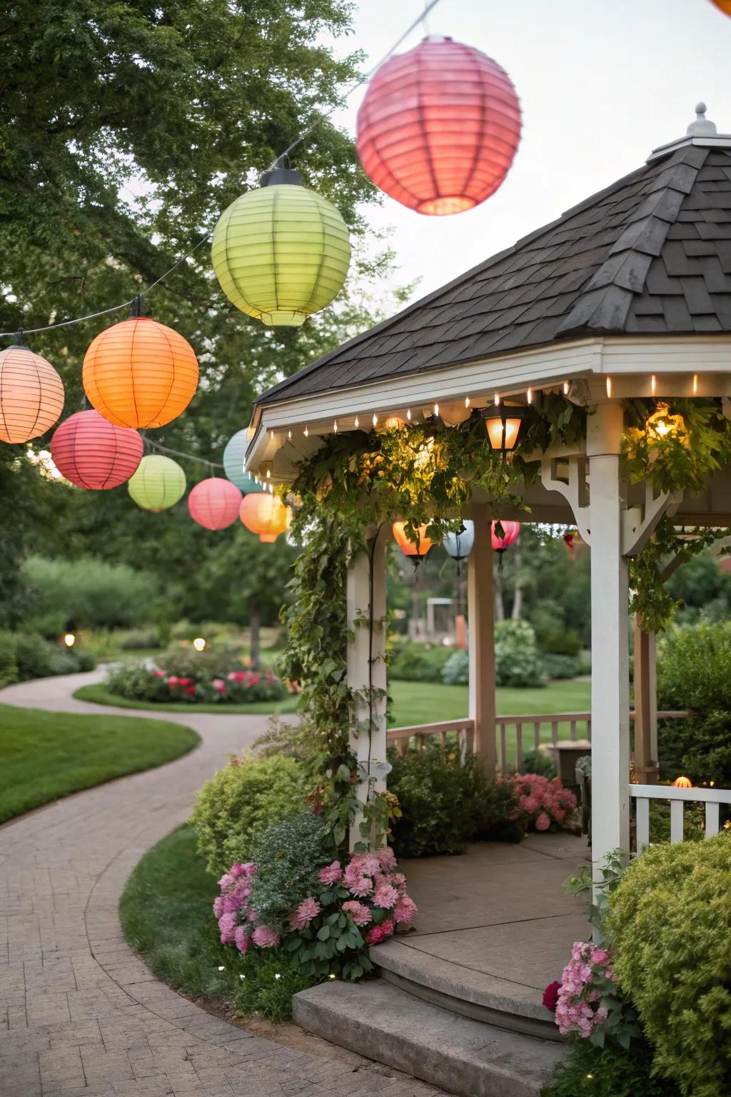 Paper lanterns add a vibrant and festive mood.