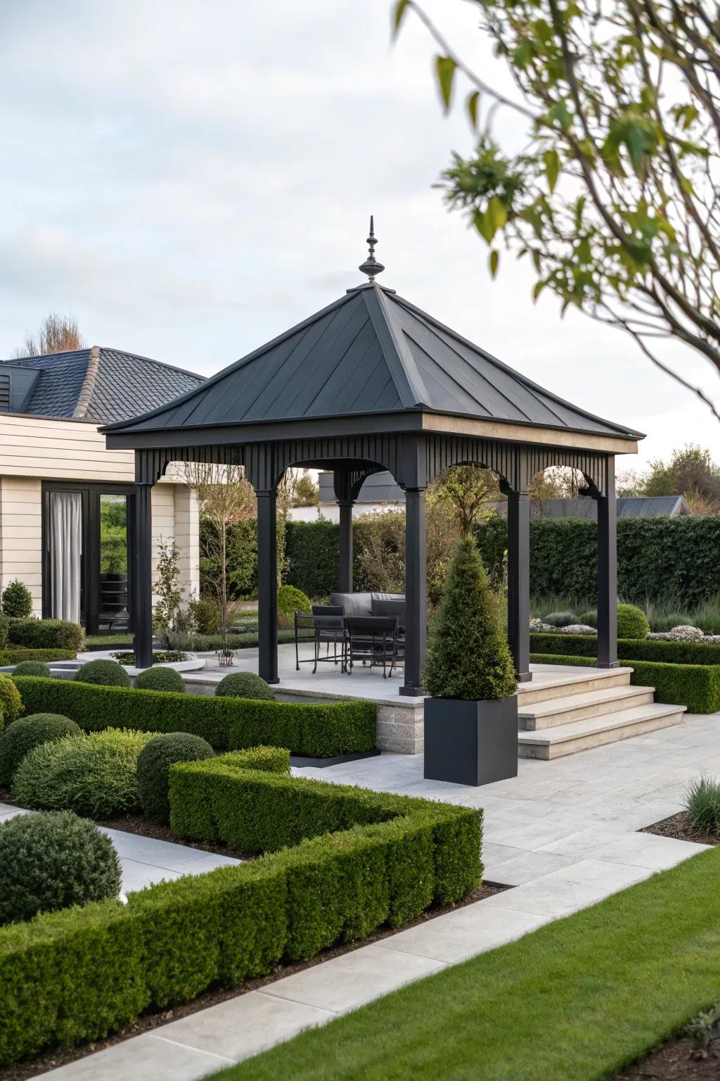 A gazebo with a black roof, offering a sleek and modern touch.