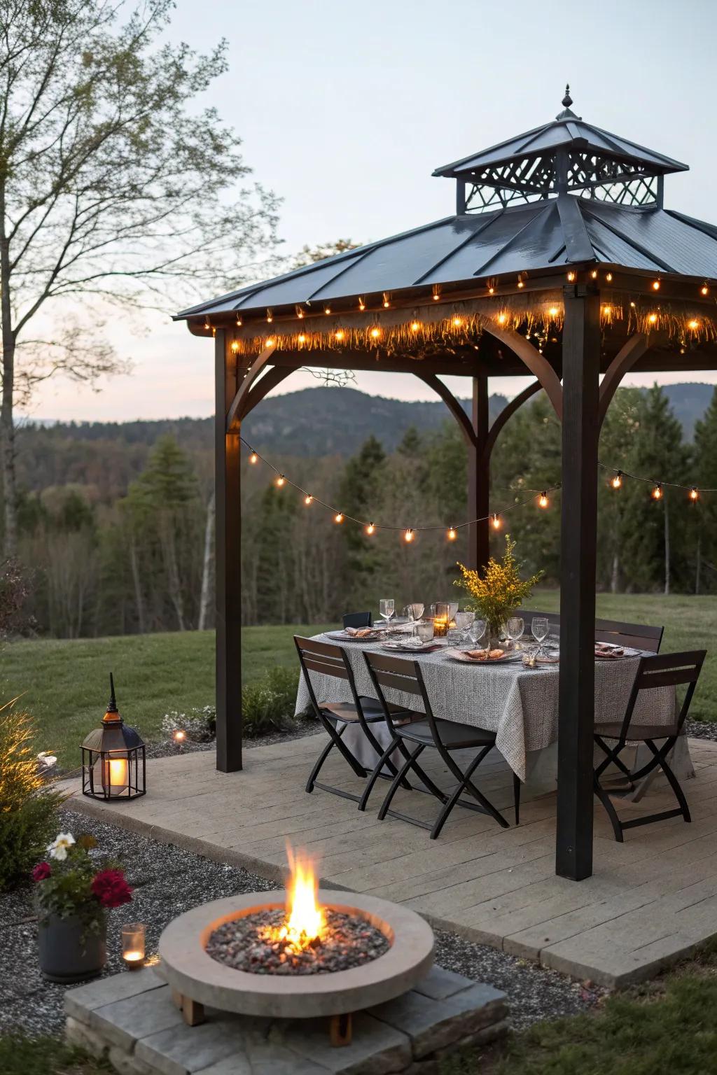 Enjoy dining al fresco within a charming pergola setting.