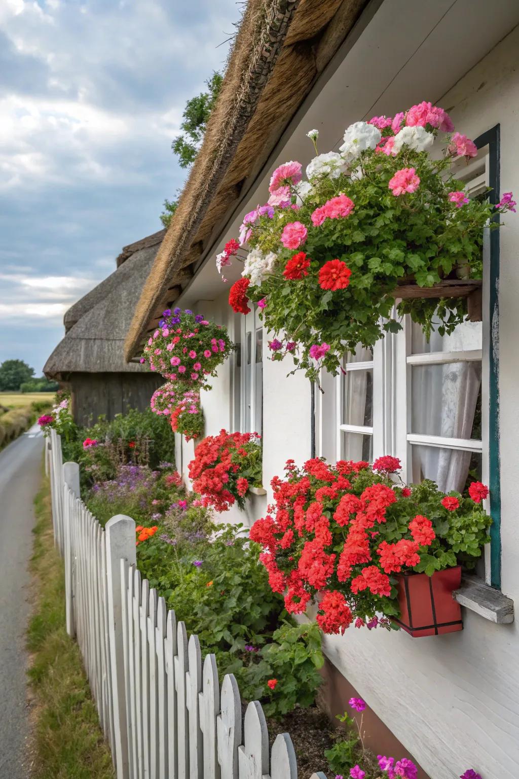 Vibrant sunbeam blooms within window boxes infuse allure and color onto a quaint cottage facade.