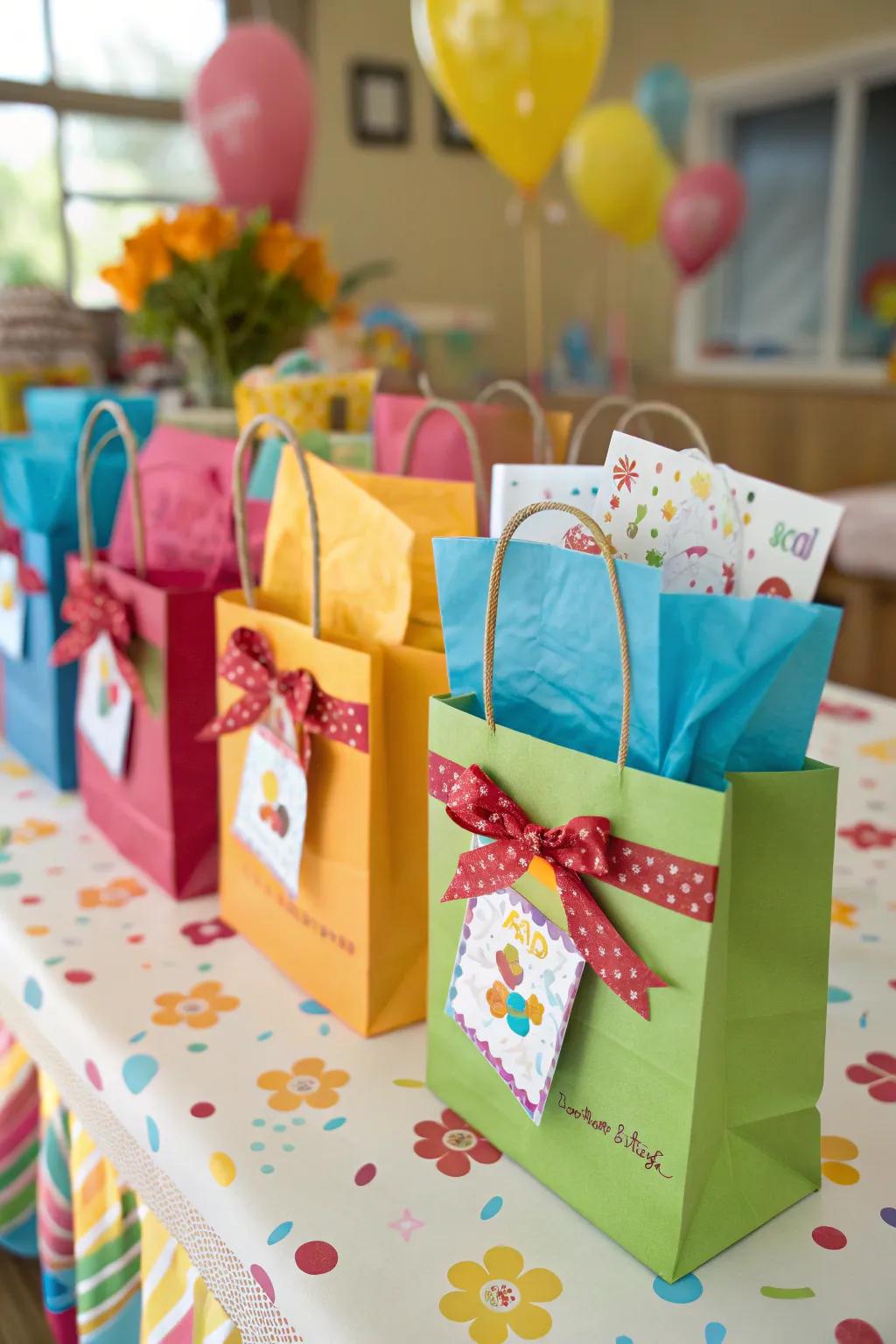 Miniature gift bags provide a delightful way to present gift cards.