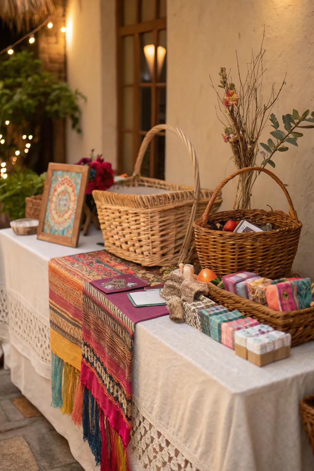 Achieve a boho vibe using woven holders and textiles on your gift display.