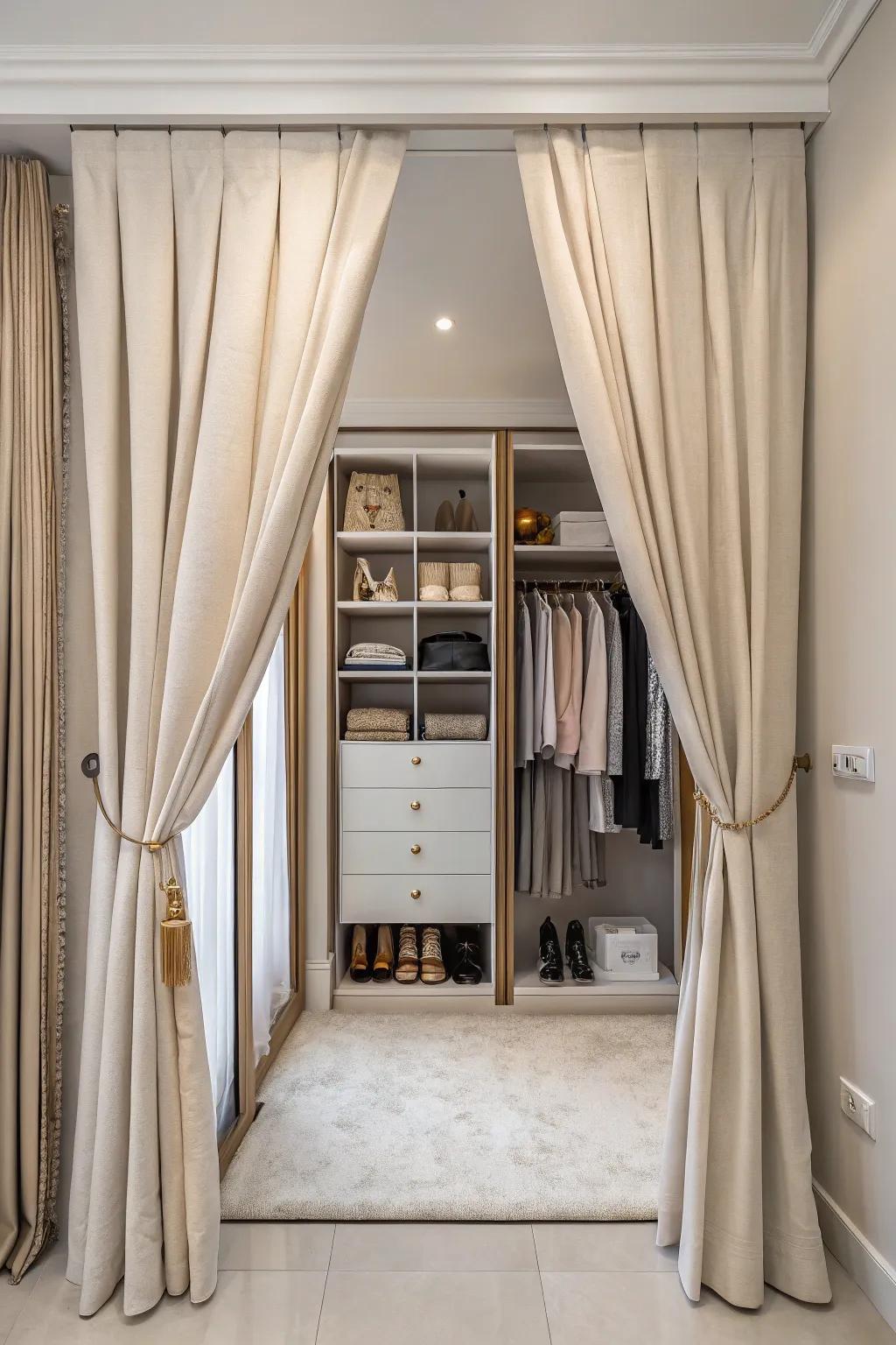 Curtains offer a stylish substitute for closet doors.