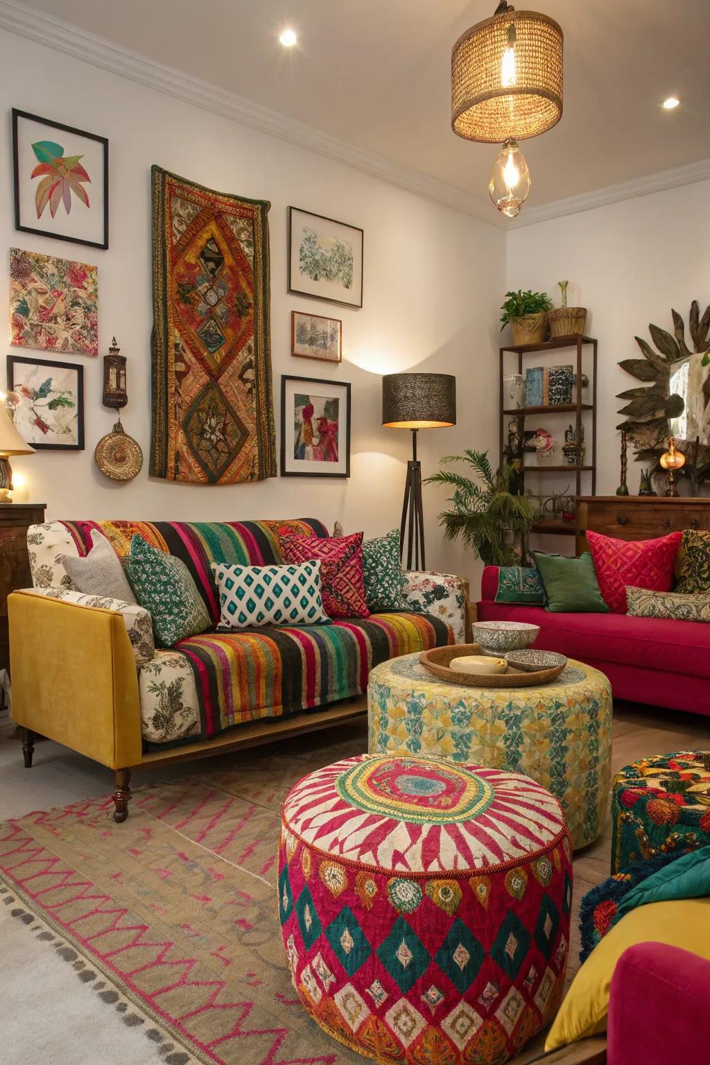 A vibrant living room with a diverse combination of designs.