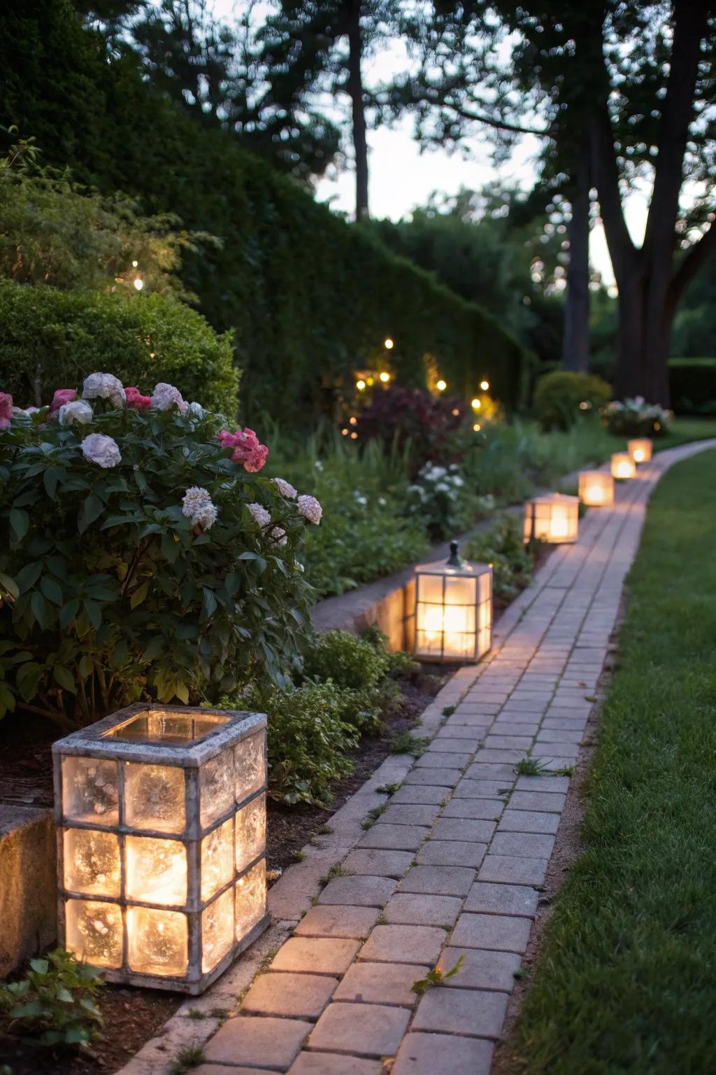 A garden path beautifully lit using glass tiles.