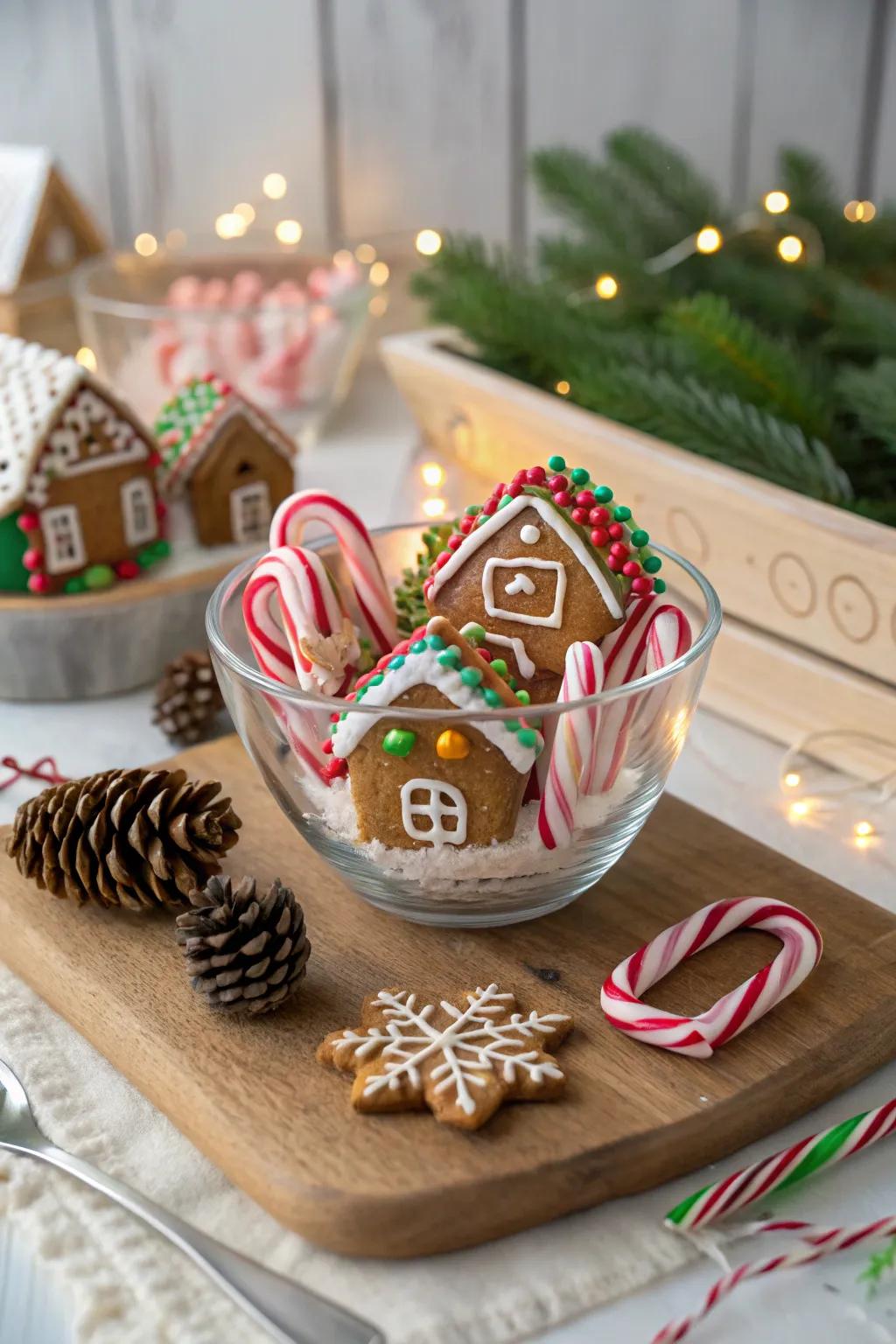 Gingerbread magic with sweet treats in a glass bowl.