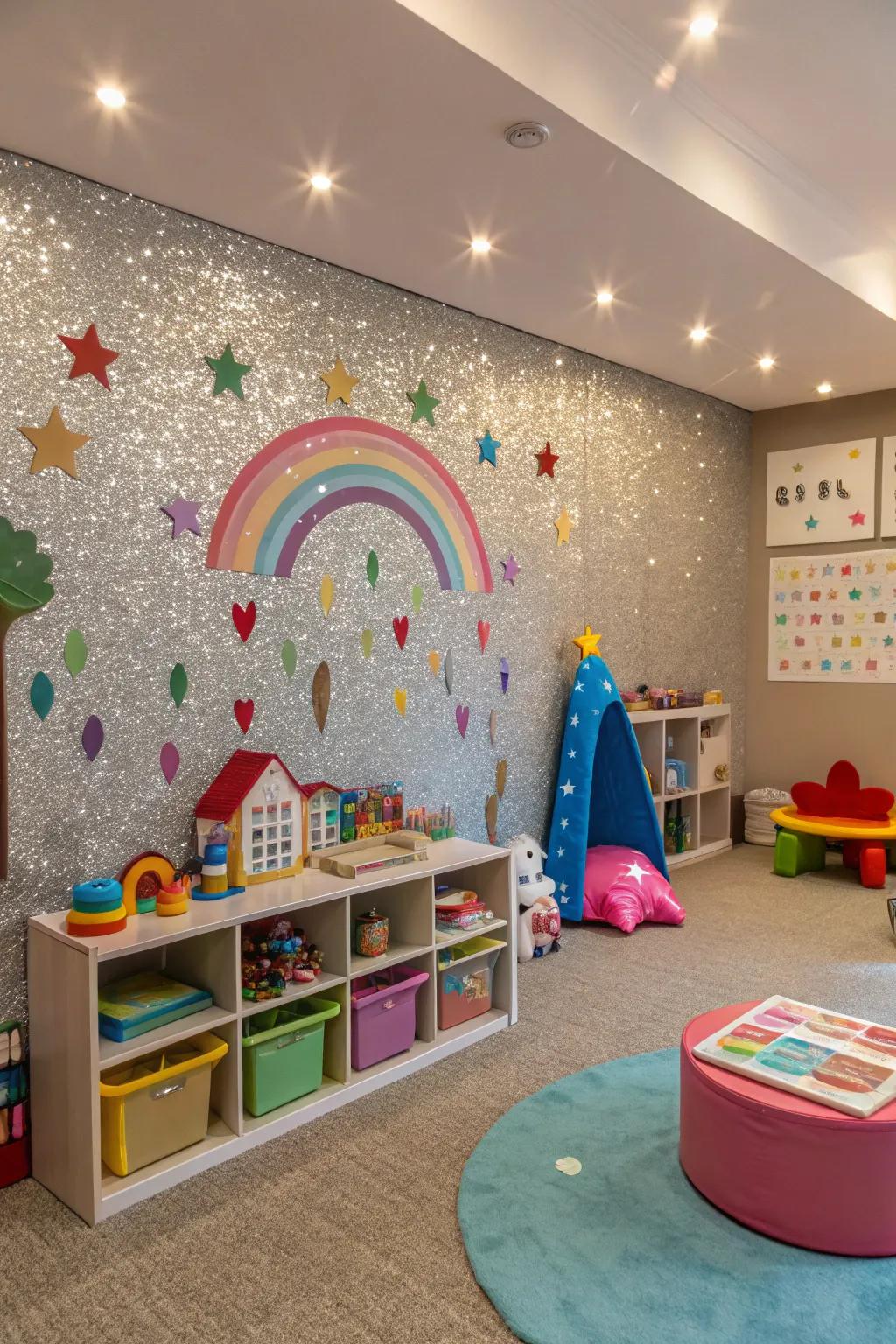 A shimmering feature wall adds fun to a children's space.