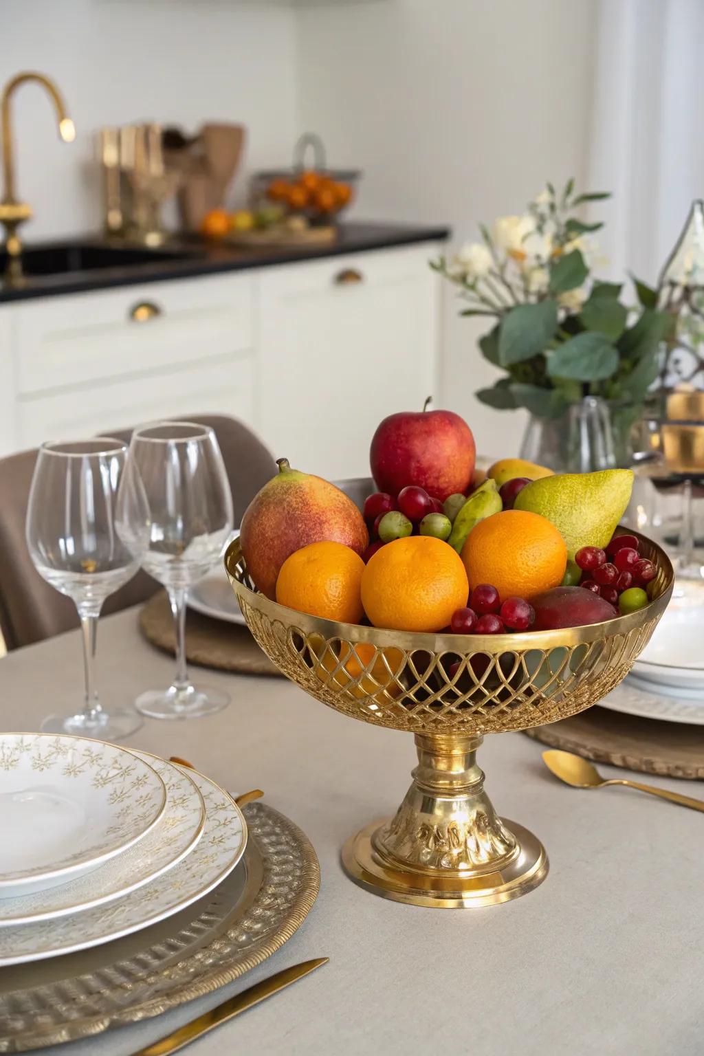 Vivid and crisp gold fruit dish centerpiece.