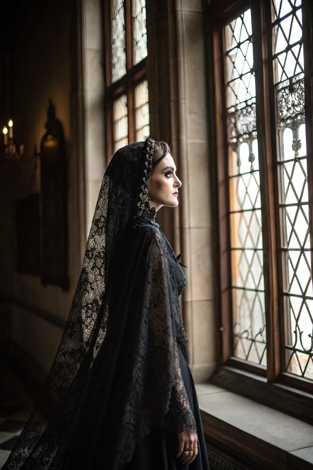 A gothic bride wearing a dramatic ebony lace veil and cape.