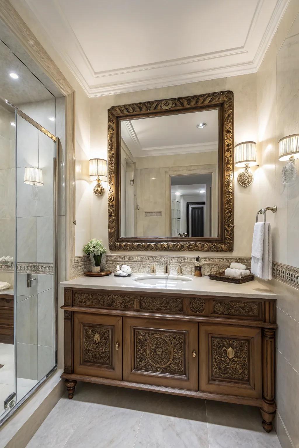 A statement looking glass serves as a striking focal point.