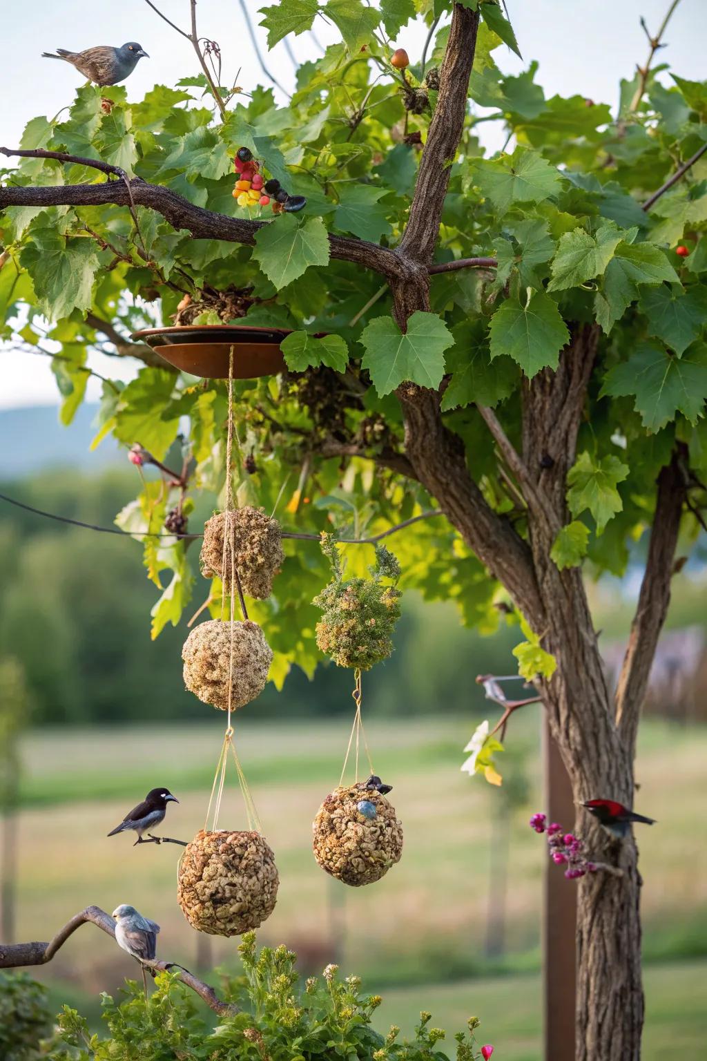 A grapevine tree adorned with bird-friendly ornaments, inviting nature to your garden.