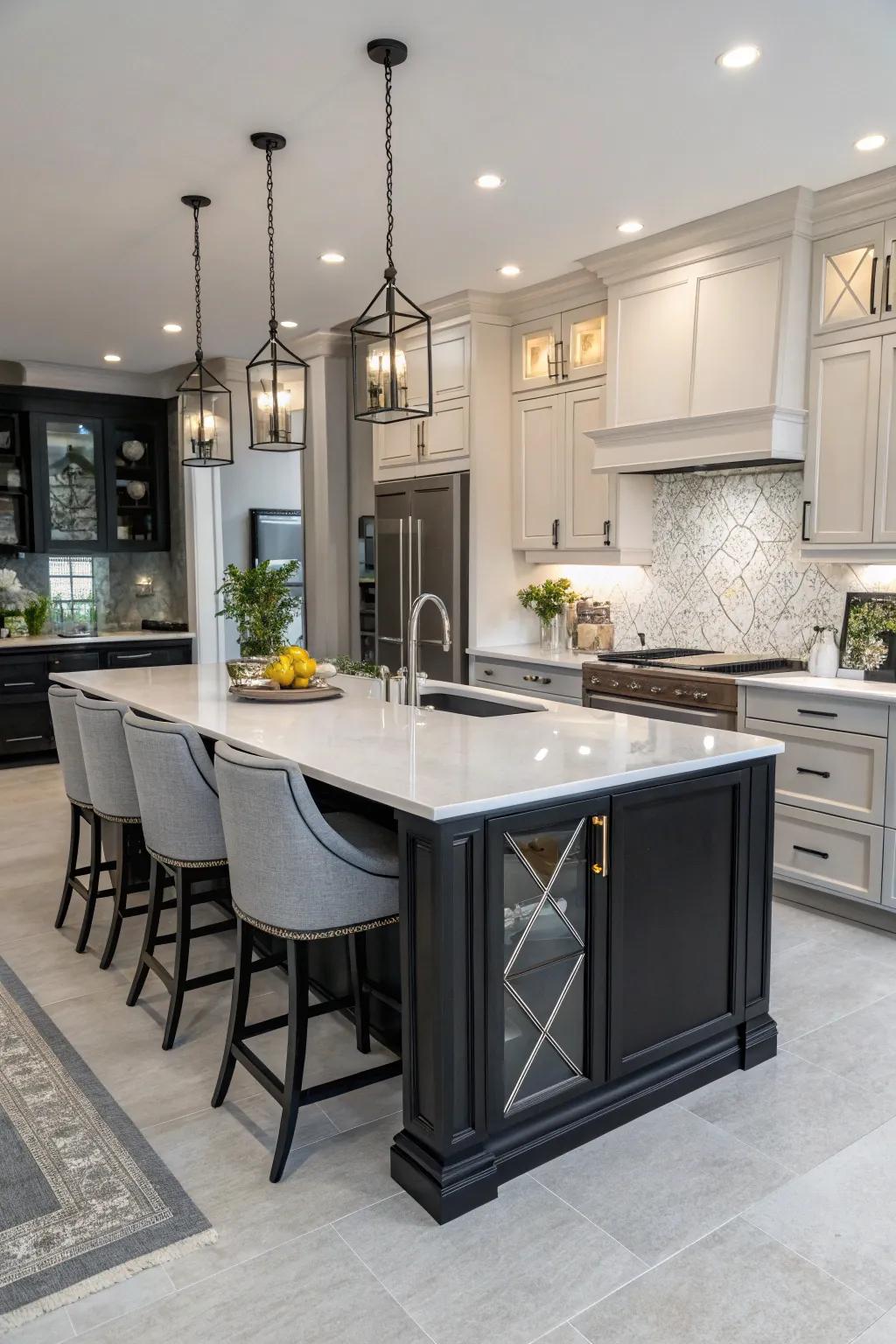 The central island serves as a stylish focal point.