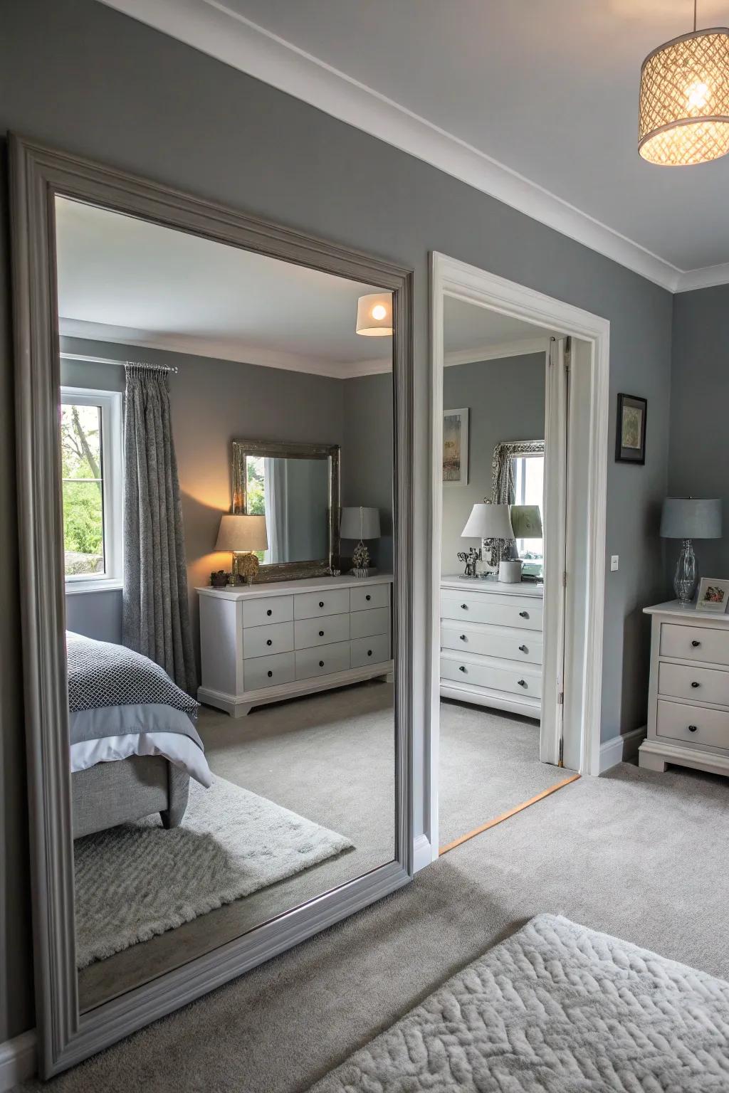 Mirrors enhance light and expand space in a gray-themed room.