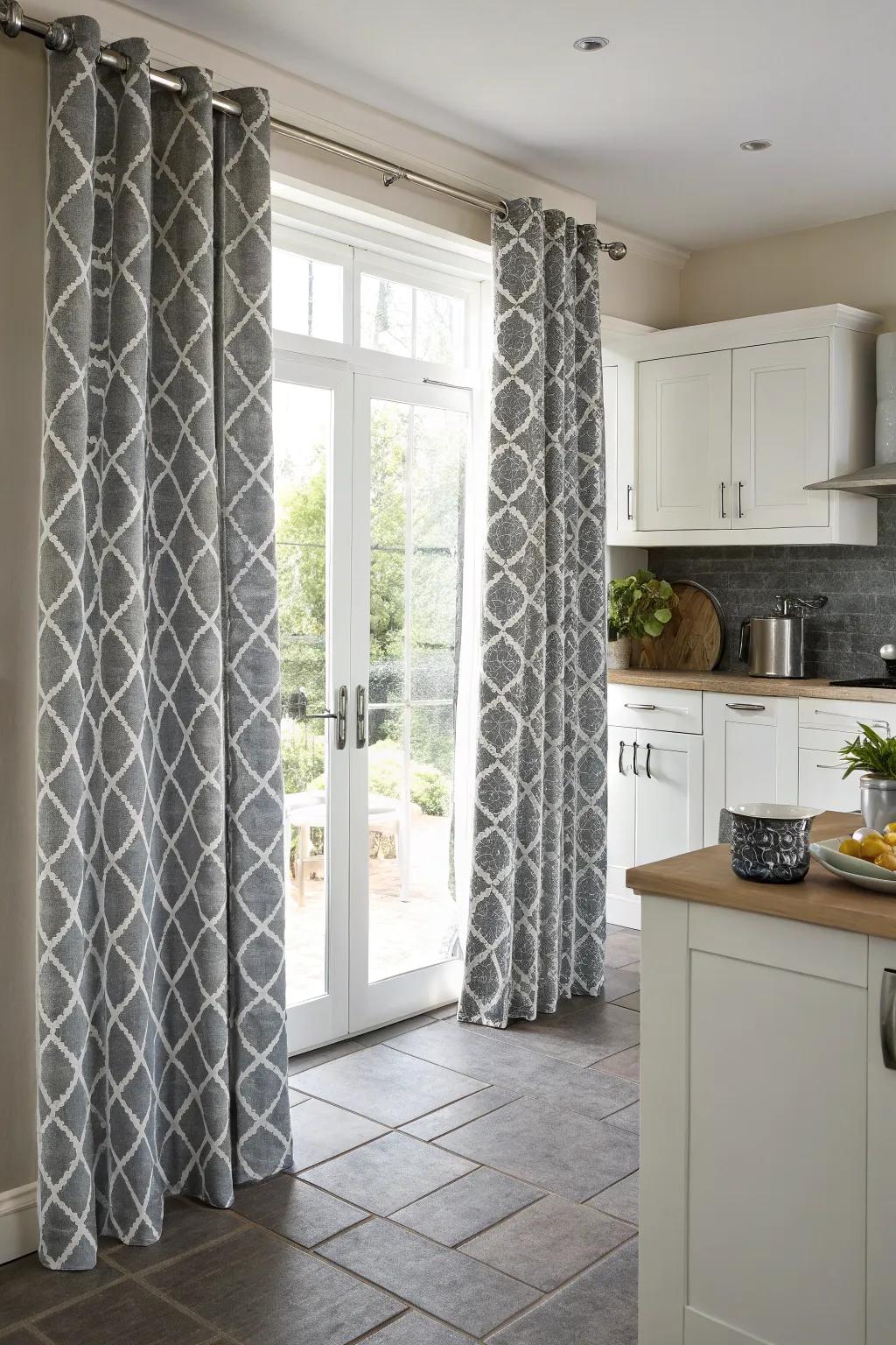 Striking geometric printed gray drapes for a modern art-inspired kitchen.