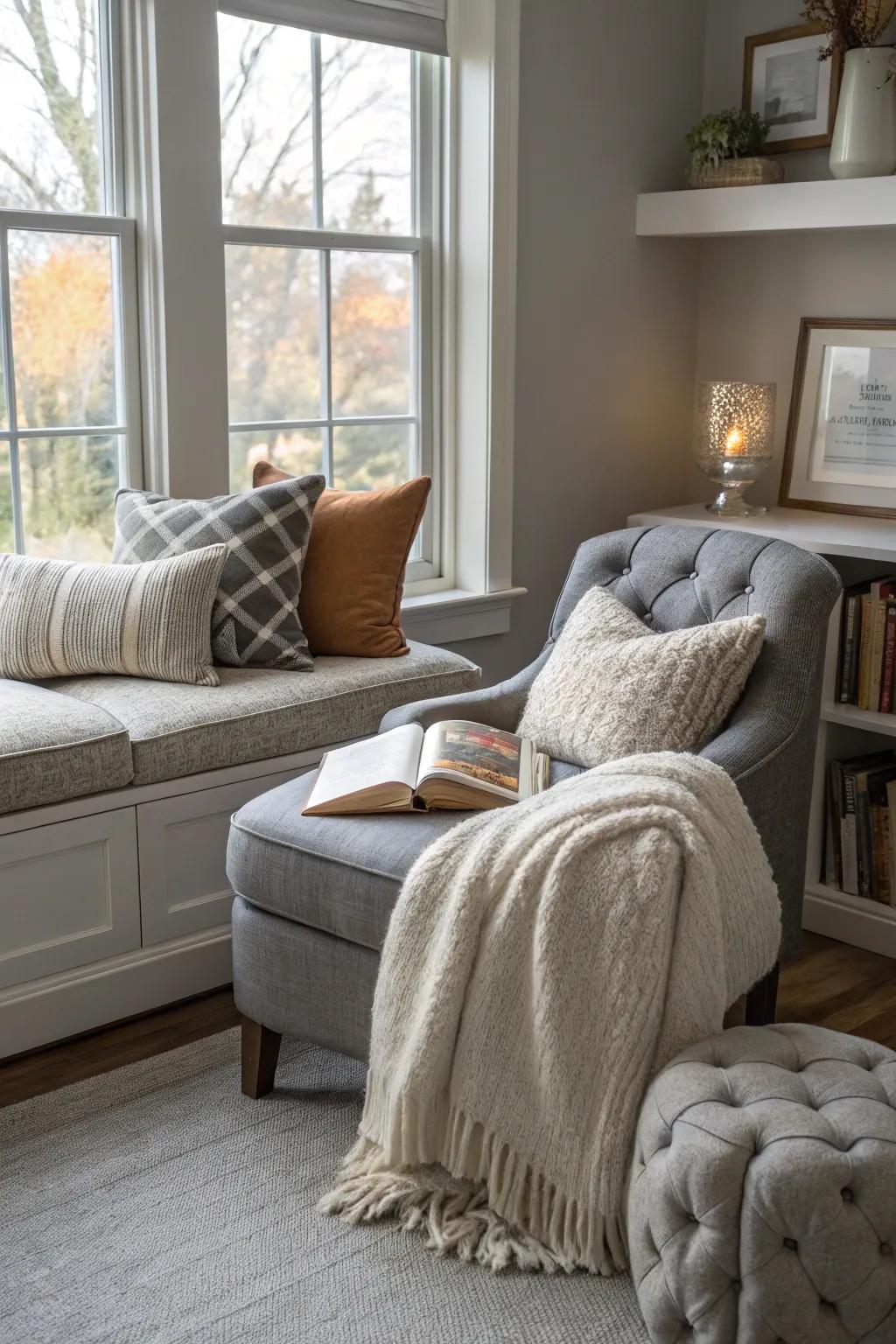 A cozy corner provides a great escape within a gray room.