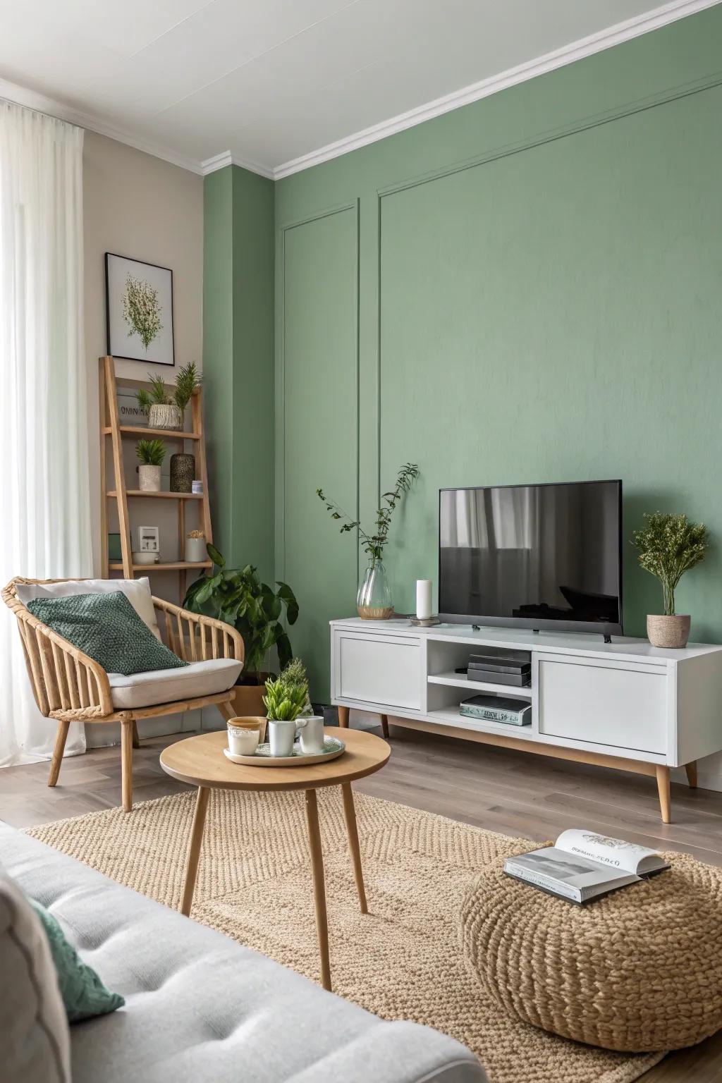 A subdued green wall brings subtle elegance to this simple space.